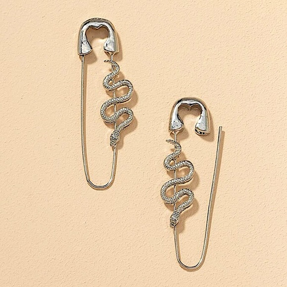 Gold Snake Safety Pin Minimalist Punk Hip Hop Earrings - Picture 3 of 4